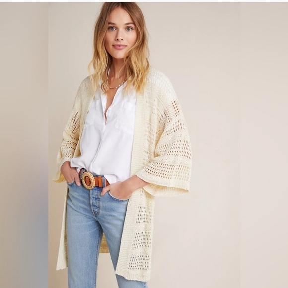 Anthropologie Sweaters - Anthropologie 3/4 Sleeve Open Front Knit Cream Sweater One Size Fits Most